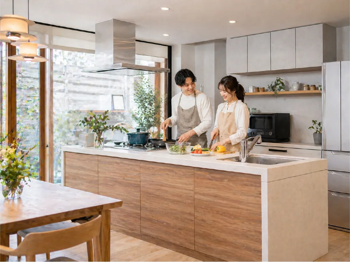 キッチンで料理をする夫婦