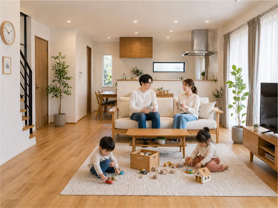 リビングで子どもと遊ぶ家族
